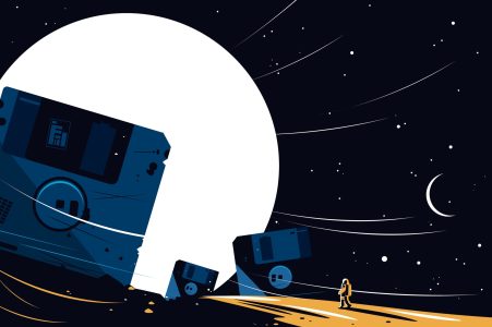 Diskette on space background vector illustration. Big floppy disks, moon, stars, night sky and cosmonaut in spacesuit flat style concept. Cosmic design